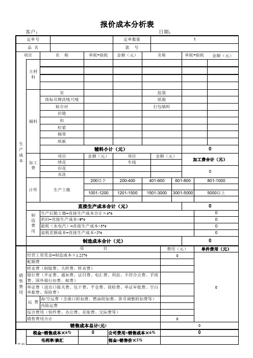 报价成本分析表