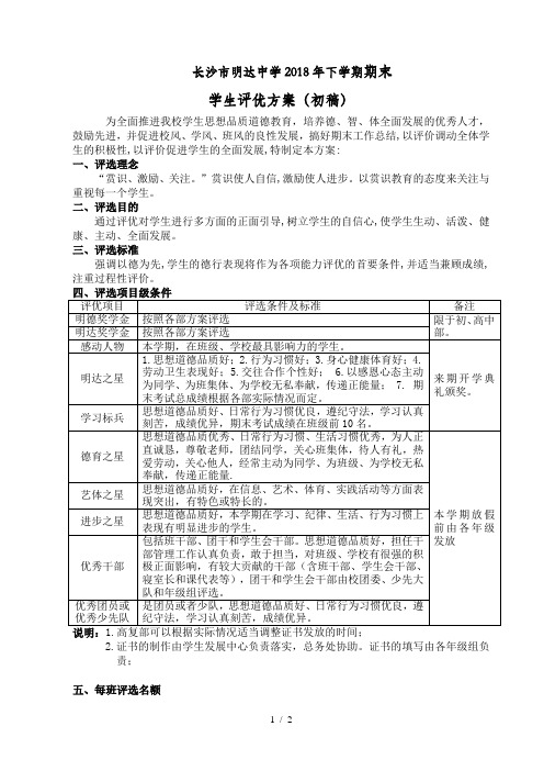 2018年下学期期末学生评优方案