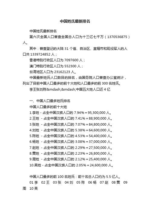 中国姓氏最新排名