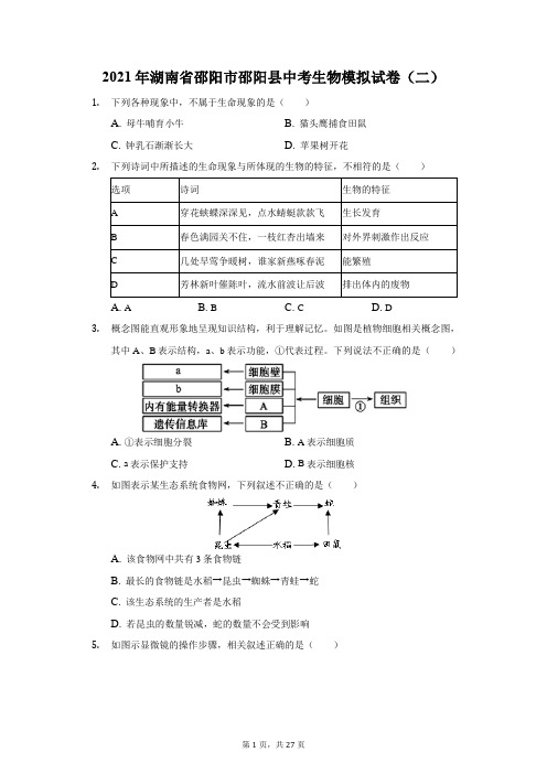 2021年湖南省邵阳市邵阳县中考生物模拟试卷(二)(附答案详解)