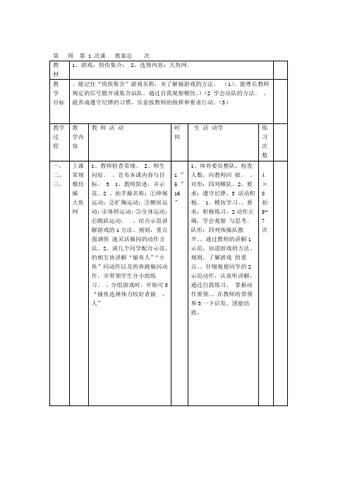 小学一年级体育教案表格式