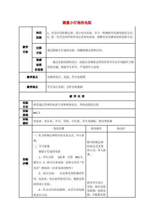 物理全册《73《电阻的测量》测量小灯泡的电阻》 教案 (新版) 新新人教版