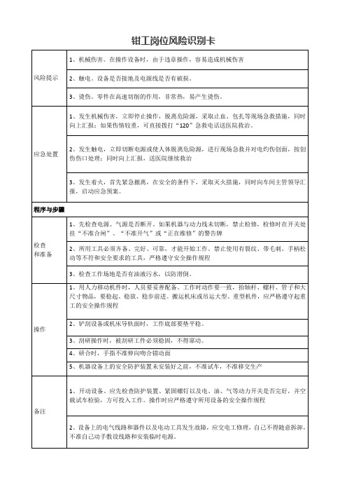 钳工岗位风险识别卡