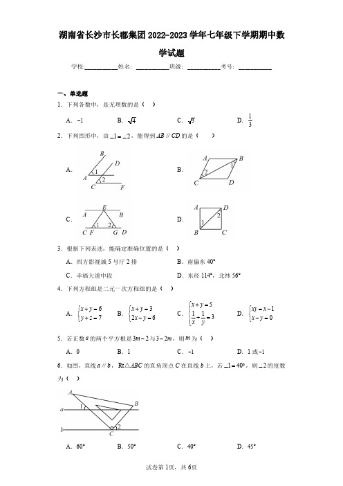 湖南省长沙市长郡集团2022-2023学年七年级下学期期中数学试题(含答案解析)