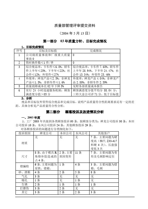 质量部管理评审提交资料