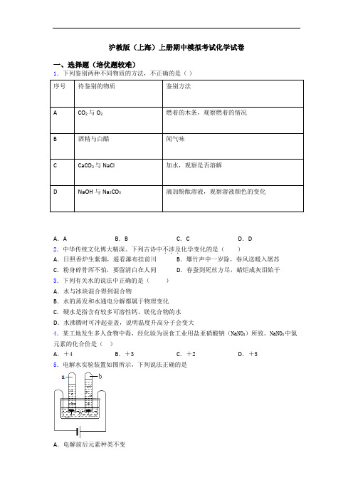 沪教版(上海)初三化学上册期中模拟考试化学试卷