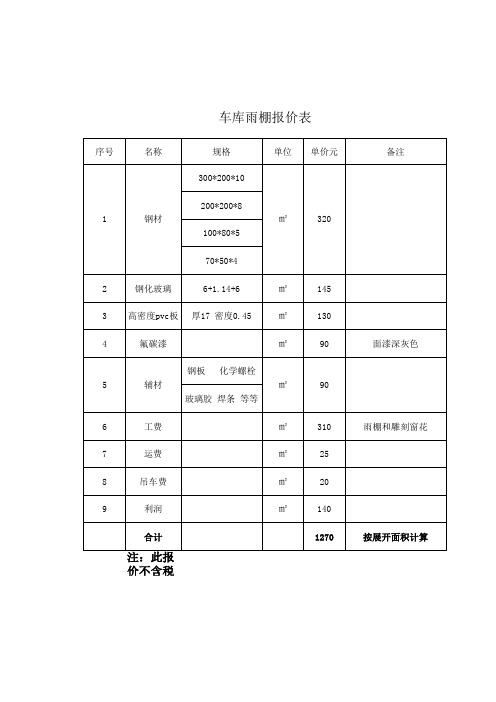 车库雨棚报价表