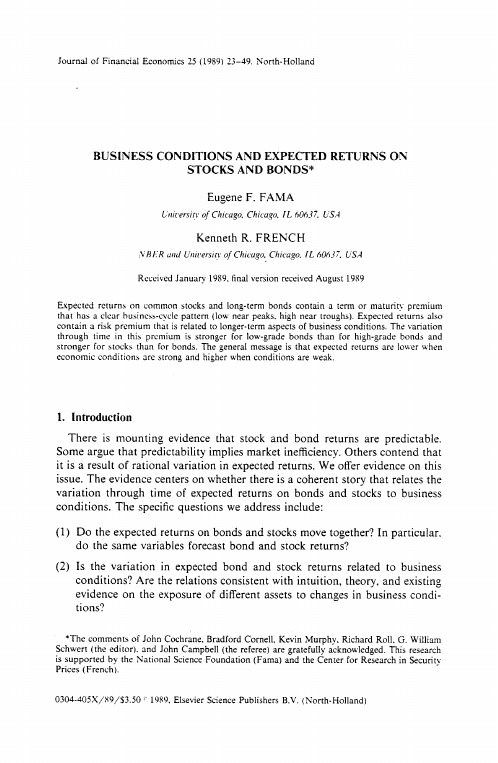 锟糂USINESS CONDITIONS AND EXPECTED RETURNS ON STOCKS AND BONDS