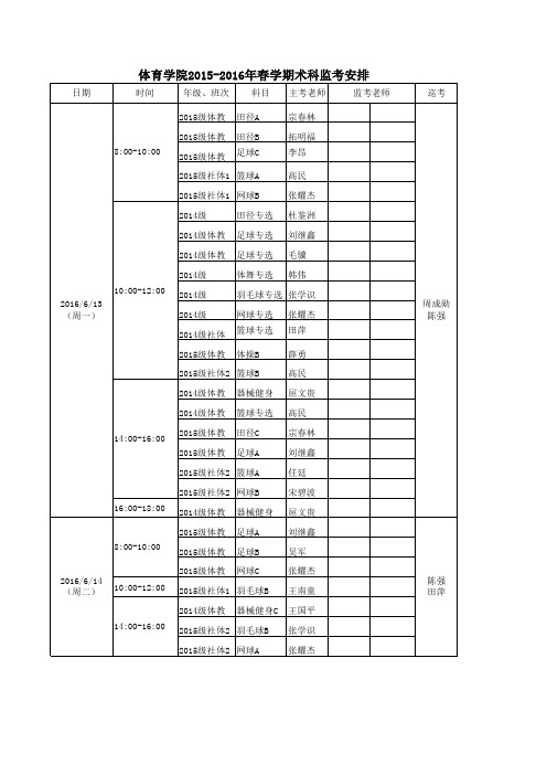 专业体育2015-16第二学期术科考试安排