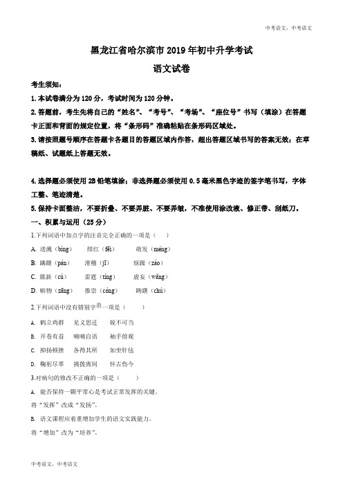 精品解析：黑龙江省哈尔滨市2019年中考语文试题(原卷版)