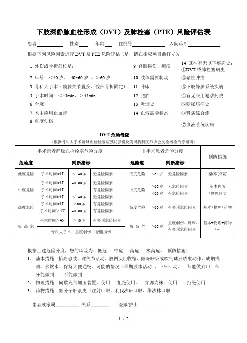 深静脉血栓形成风险评估表