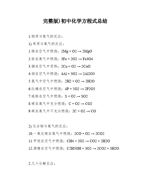 完整版)初中化学方程式总结