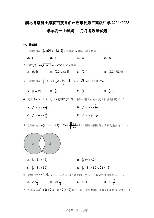 湖北省恩施土家族苗族自治州巴东县第三高级中学2024-2025学年高一上学期11月月考数学试题