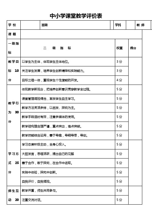 中小学课堂教学评价表模板