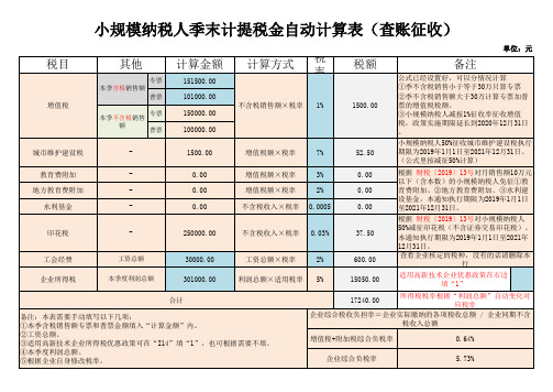 小规模纳税人季末计提税金自动计算表(查账征收)