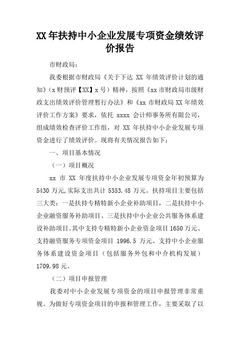 XX年扶持中小企业发展专项资金绩效评价报告