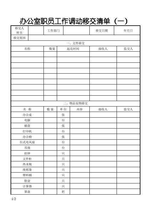 办公室职员工作调动移交清单