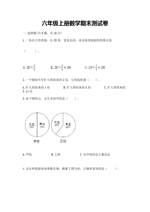 六年级上册数学期末测试卷含解析答案