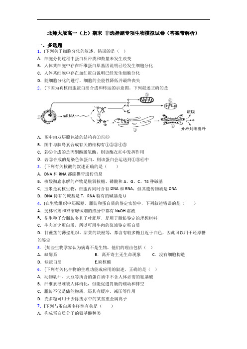 北师大版高一(上)期末 非选择题专项生物模拟试卷(答案带解析)