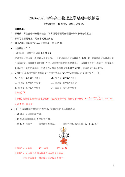 2024-2025学年高中上学期高二物理期中模拟卷(全解全析)(沪科版2020)