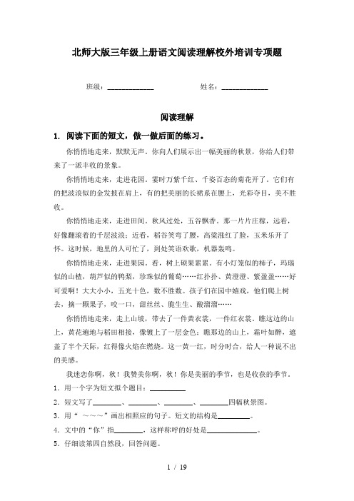 北师大版三年级上册语文阅读理解校外培训专项题