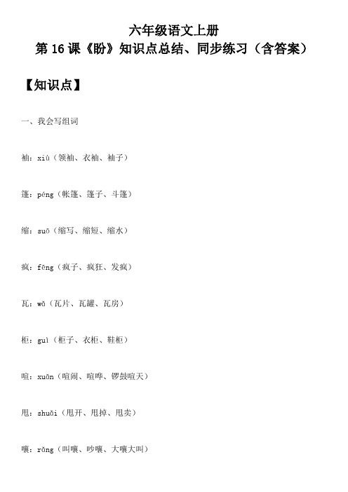 六年级语文上册 第16课《盼》知识点总结、同步练习(含答案)