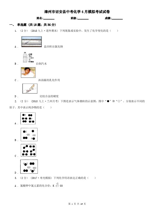 漳州市诏安县中考化学4月模拟考试试卷