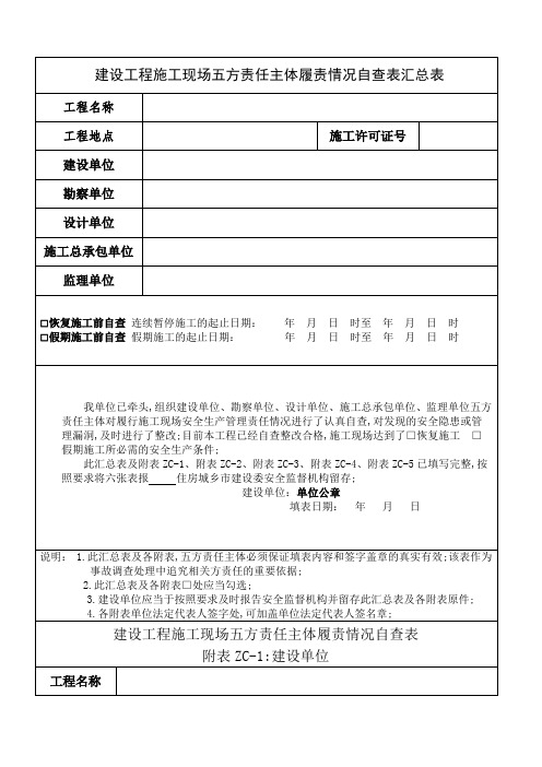 建设工程施工现场五方责任主体履责情况自查表