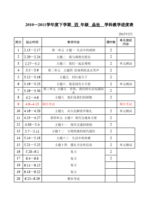 泰山版四年级下册品社进度