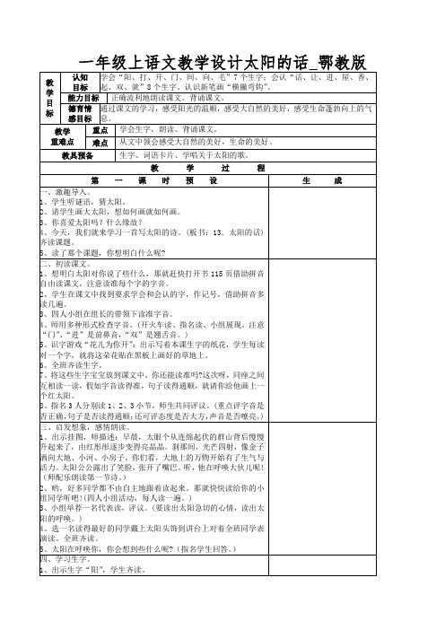 一年级上语文教学设计太阳的话_鄂教版