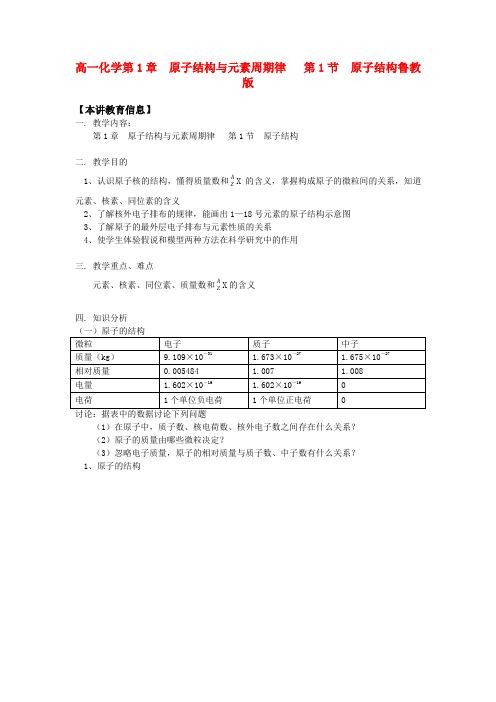 高一化学第1章原子结构与元素周期律第1节原子结构鲁教版知识精讲