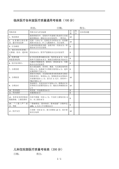 医疗质量考核表