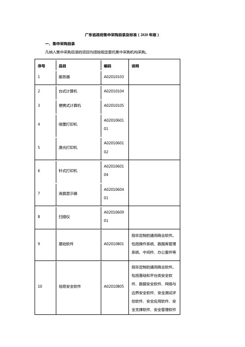 广东省政府集中采购目录及标准(2020年版)