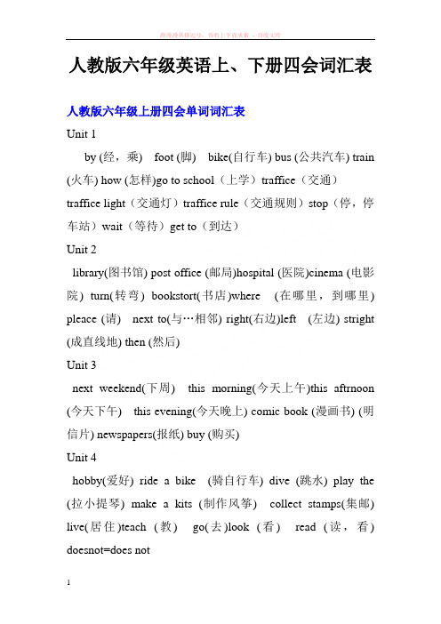 人教版六年级英语上、下册四会词汇表