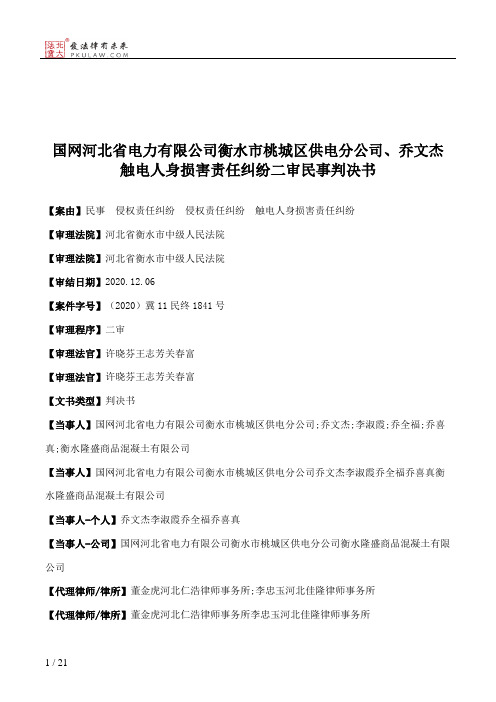 国网河北省电力有限公司衡水市桃城区供电分公司、乔文杰触电人身损害责任纠纷二审民事判决书