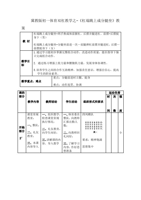 冀教版初一体育双杠教学之-《杠端跳上成分腿坐》教案