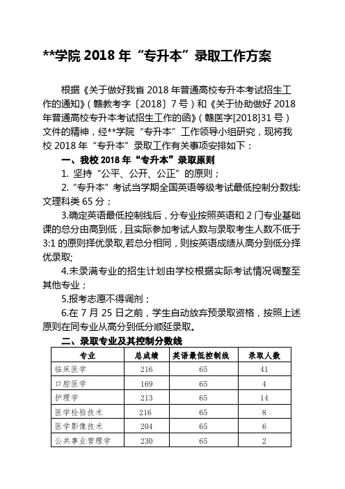 赣南医学院2018年专升本录取工作方案【模板】