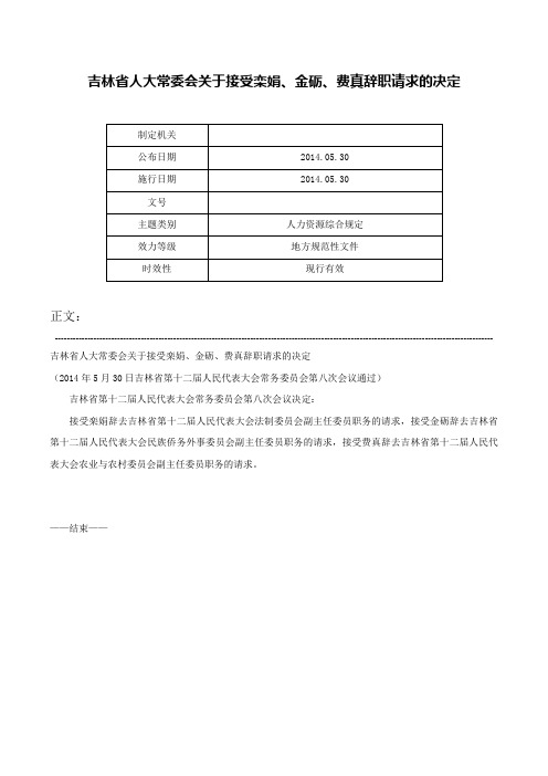 吉林省人大常委会关于接受栾娟、金砺、费真辞职请求的决定-