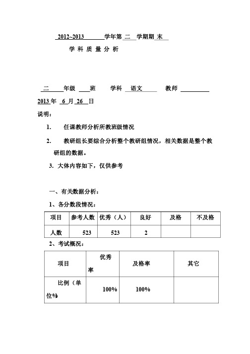 二年级语文教学质量分析表