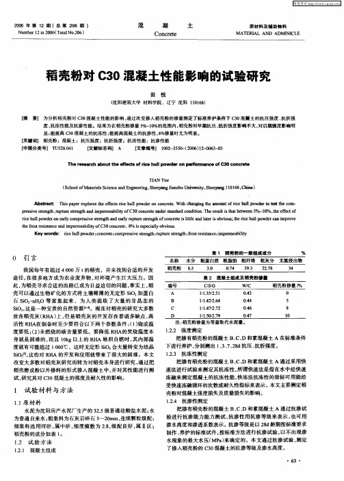 稻壳粉对C30混凝土性能影响的试验研究