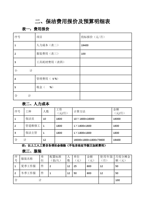 保洁费用报价及预算明细表