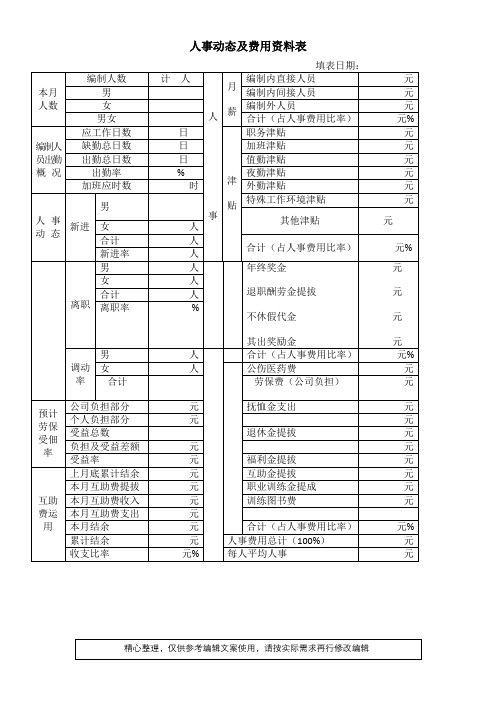 人事动态及费用资料表