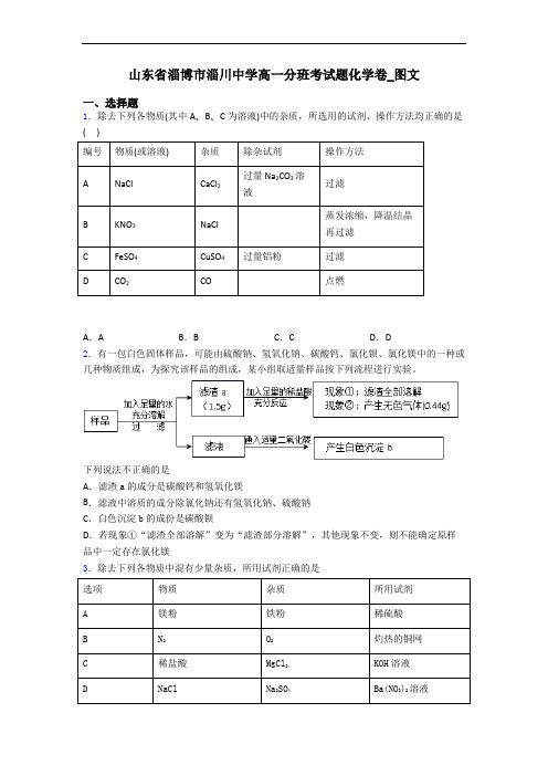 山东省淄博市淄川中学高一分班考试题化学卷_图文