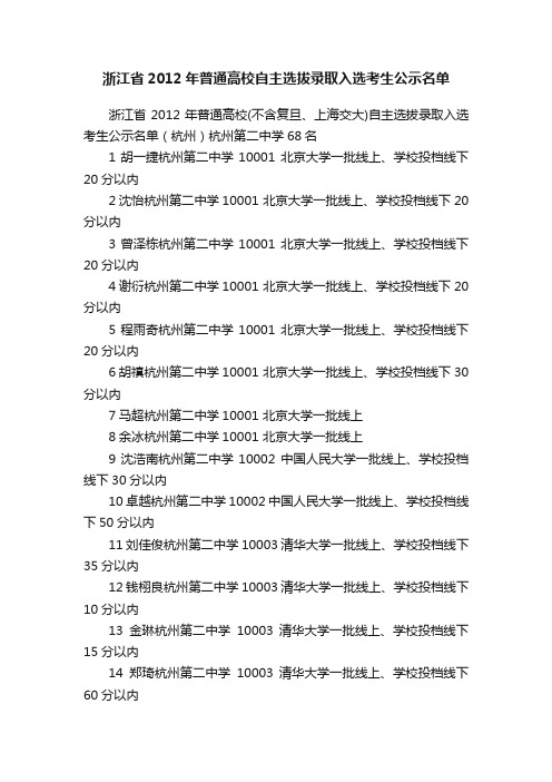 浙江省2012年普通高校自主选拔录取入选考生公示名单