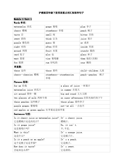 沪教版四年级下册英语重点词汇短语和句子复习课程