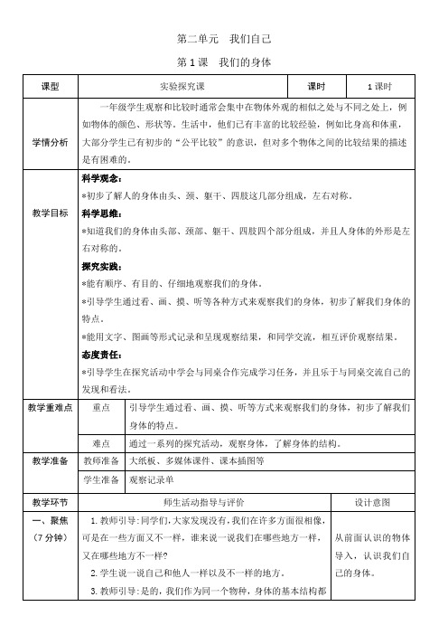 (2024秋)科教版科学一年级上册《我们的身体》教案