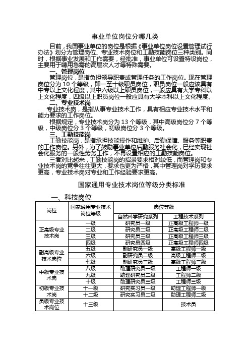 事业单位岗位分类和国家通用专业技术岗位等级分类标准