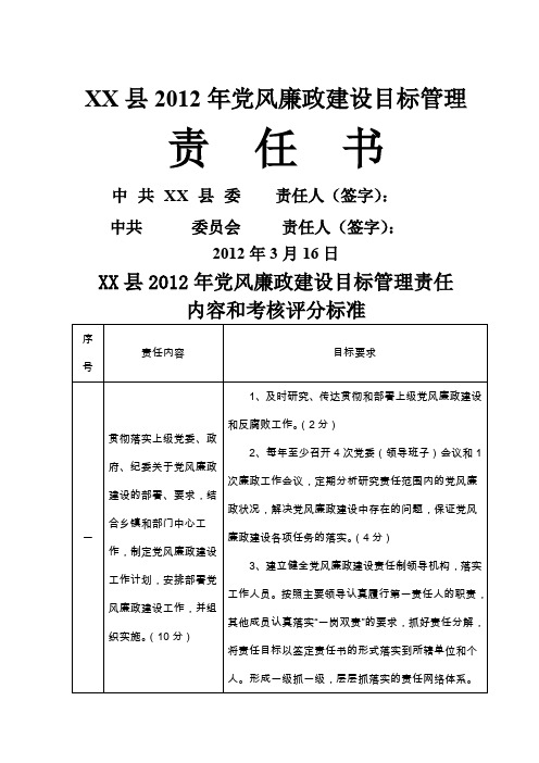 XX县2012年党风廉政建设目标管理责任内容和考核评分标准