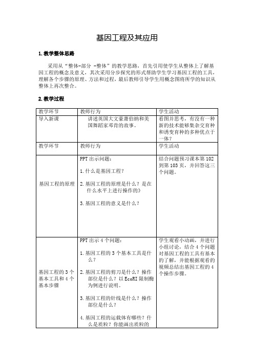 学年人教版高一生物必修二教学设计第6章第2节基因工程及其应用