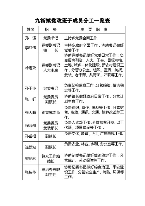 九街镇党政班子成员分工一览表【模板】